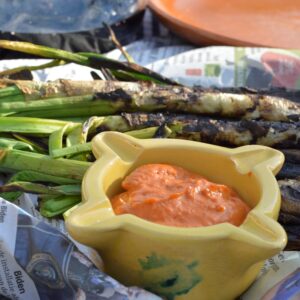 Calçots met Romesco saus | in geel Catalaans aardewerk