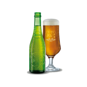 Groen flesje Spaans kraft bier Alhambra Reserva 1925 met gevuld bierglas en schuimkraag